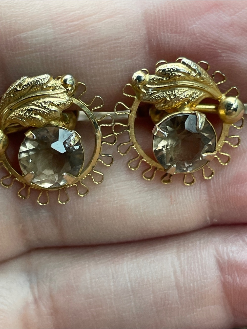 Gold 12k GF Leaf Flower Clip-On Earrings with Champagne Stone